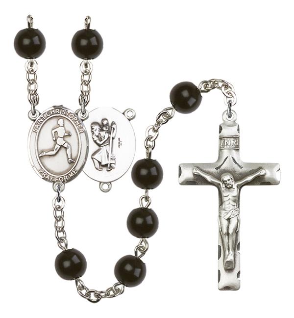 St. Christopher / Women's Track & Field Rosary, 7mm Black Onyx Beads, Silver Plate, # 14035