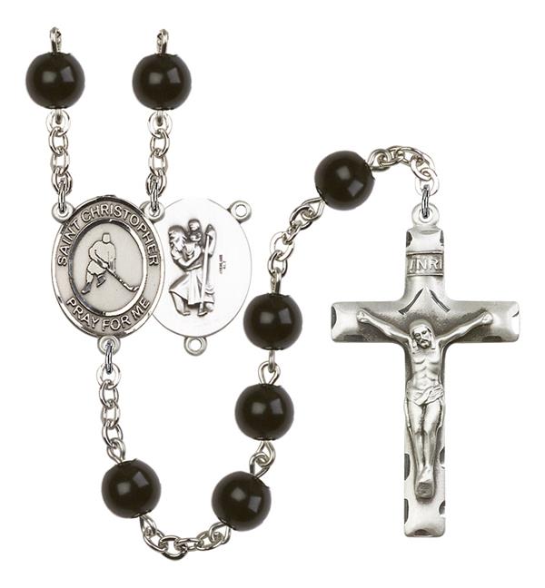St. Christopher / Ice Hockey Rosary, 7mm Black Onyx Beads, Silver Plate, # 14041