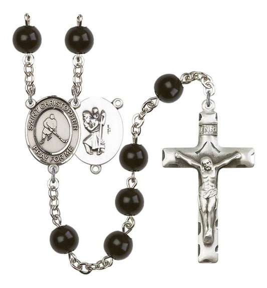 St. Christopher / Ice Hockey Rosary, 7mm Black Onyx Beads, Silver Plate, # 14041