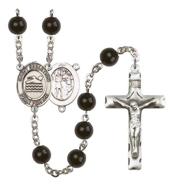St. Sebastian / Swimming Rosary, 7mm Black Onyx Beads, Silver Plate, # 14053