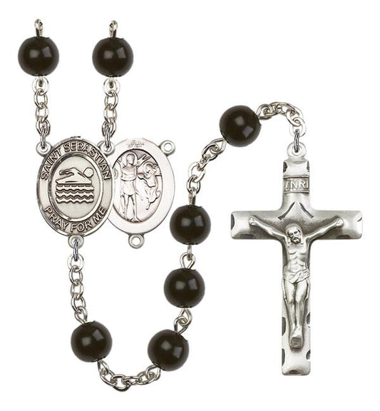 St. Sebastian / Swimming Rosary, 7mm Black Onyx Beads, Silver Plate, # 14053