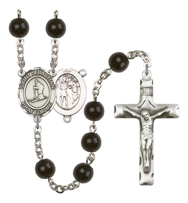 St. Sebastian / Skiing Rosary, 7mm Black Onyx Beads, Silver Plate, # 14055