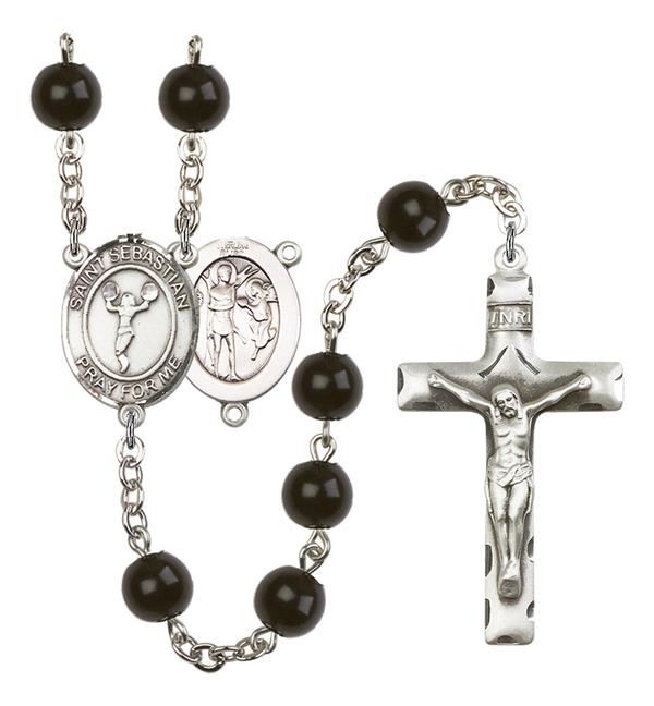 St. Sebastian / Cheerleading Rosary, 7mm Black Onyx Beads, Silver Plate, # 14056