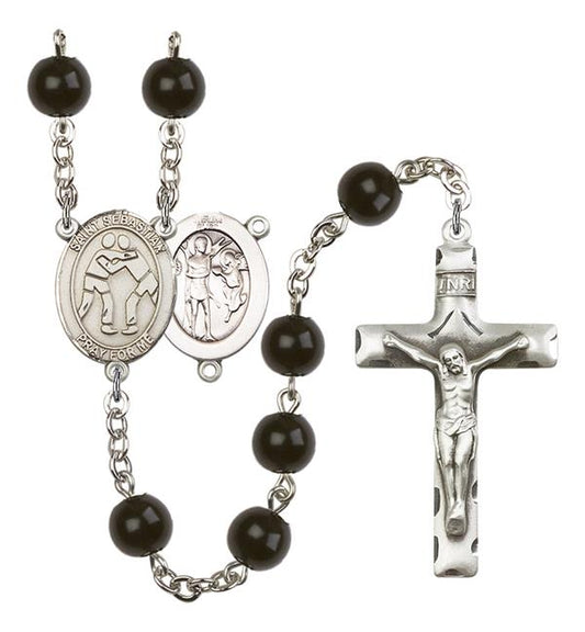 St. Sebastian / Wrestling Rosary, 7mm Black Onyx Beads, Silver Plate, # 14057