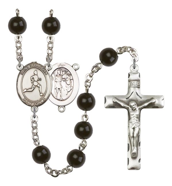 St. Sebastian / Women's Track & Field Rosary, 7mm Black Onyx Beads, Silver Plate, # 14062
