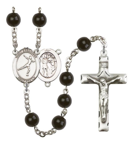 St. Sebastian / Figure Skating Rosary, 7mm Black Onyx Beads, Silver Plate, # 14063