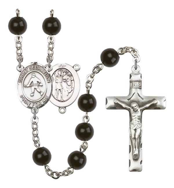 St. Sebastian / Field Hockey Rosary, 7mm Black Onyx Beads, Silver Plate, # 14064