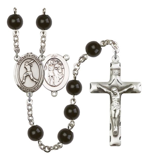 St. Sebastian / Women's Softball Rosary, 7mm Black Onyx Beads, Silver Plate, # 14069