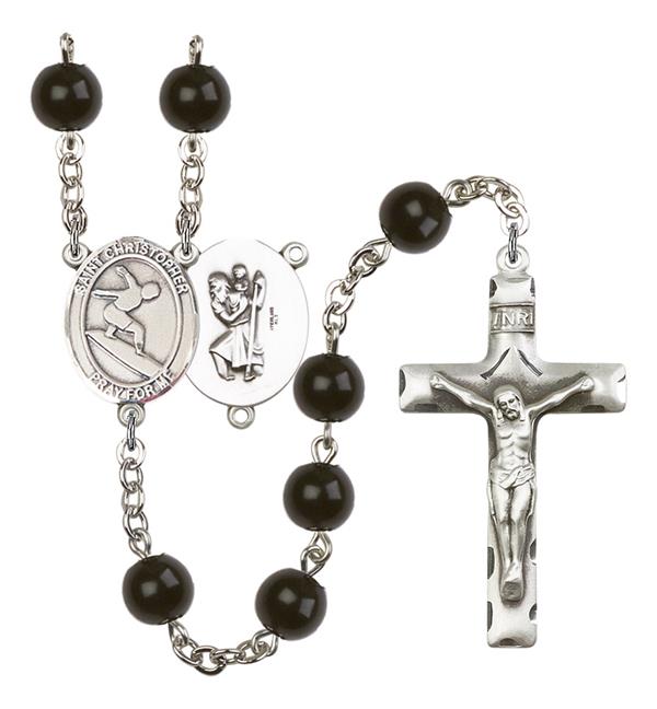 St. Christopher / Surfing Rosary, 7mm Black Onyx Beads, Silver Plate, # 14070