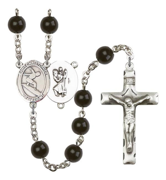 St. Christopher / Surfing Rosary, 7mm Black Onyx Beads, Silver Plate, # 14070