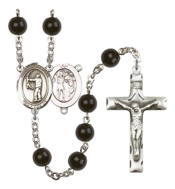St. Sebastian / Archery Rosary, 7mm Black Onyx Beads, Silver Plate, # 14080