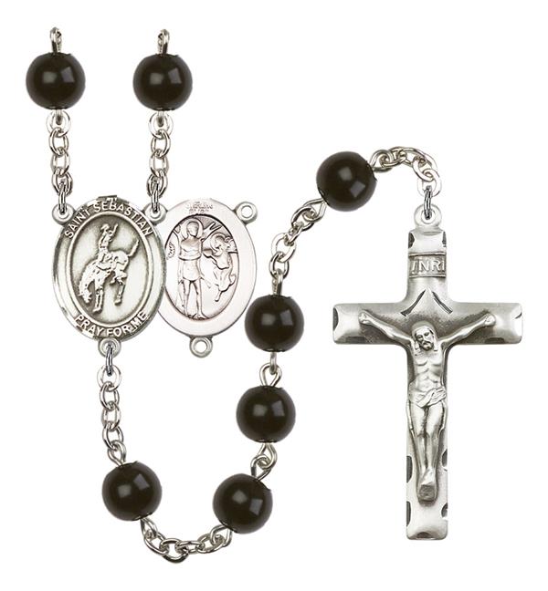 St. Sebastian / Rodeo Rosary, 7mm Black Onyx Beads, Silver Plate, # 14082