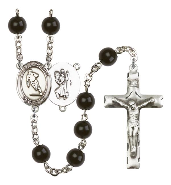 St. Christopher / Rugby Rosary, 7mm Black Onyx Beads, Silver Plate, # 14085