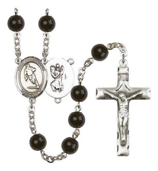 St. Christopher / Rugby Rosary, 7mm Black Onyx Beads, Silver Plate, # 14085