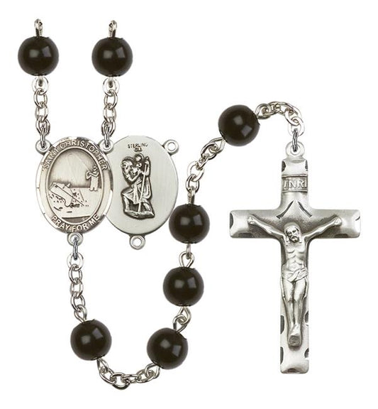 St. Christopher / Fishing Rosary, 7mm Black Onyx Beads, Silver Plate, # 14087