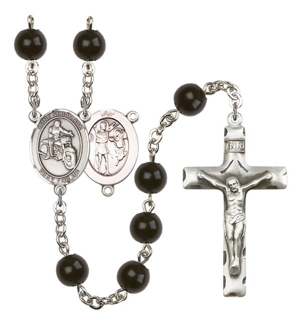 St. Sebastian / Motorcycle Rosary, 7mm Black Onyx Beads, Silver Plate, # 14088