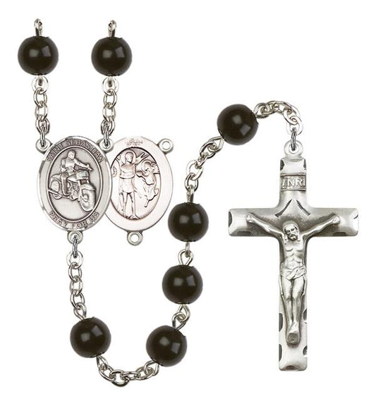 St. Sebastian / Motorcycle Rosary, 7mm Black Onyx Beads, Silver Plate, # 14088