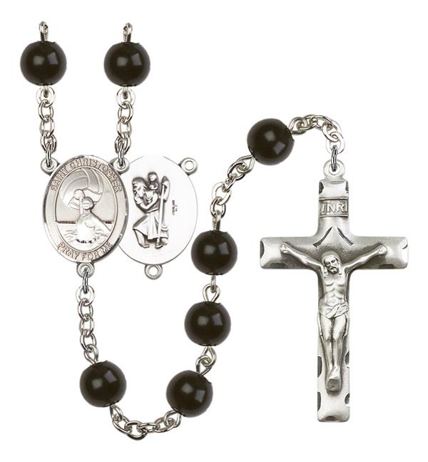 St. Christopher / Women's Water Polo Rosary, 7mm Black Onyx Beads, Silver Plate, # 14090
