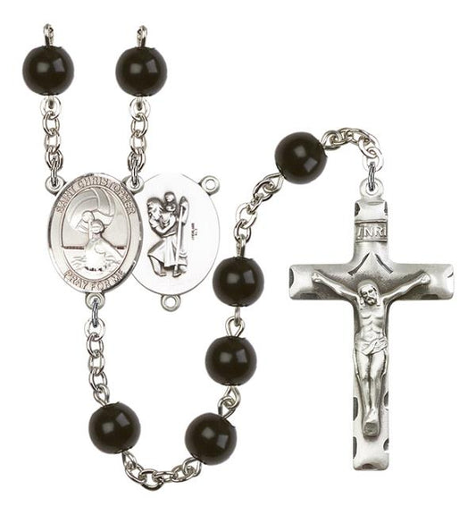 St. Christopher / Women's Water Polo Rosary, 7mm Black Onyx Beads, Silver Plate, # 14090
