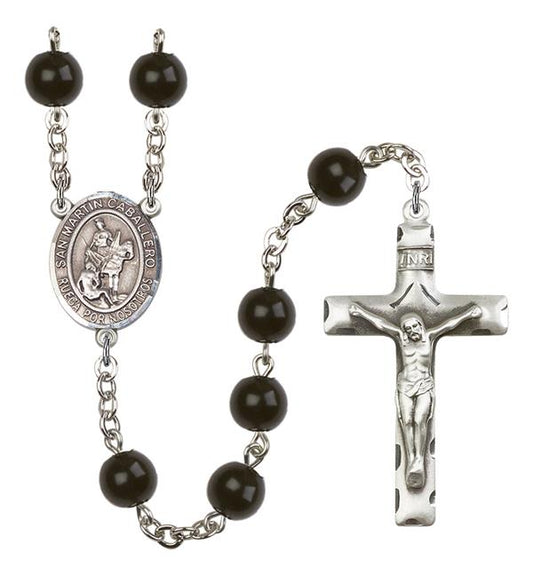 San Martin Caballero Spanish Rosary, 7mm Black Onyx Beads, Silver Plate, # 14092