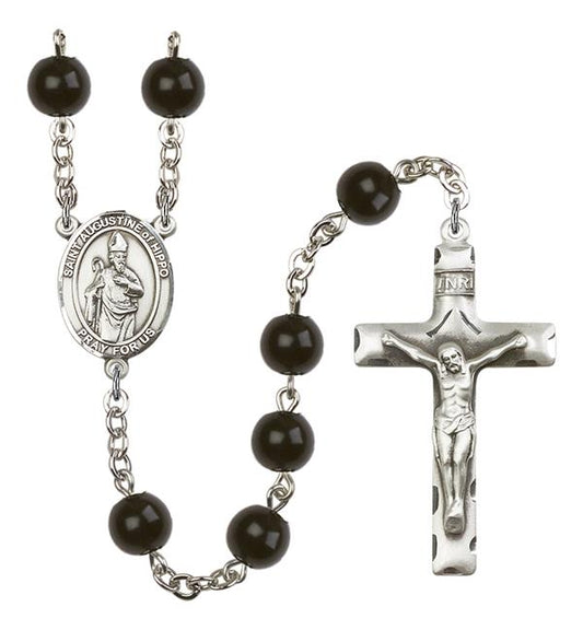 St. Augustine of Hippo Rosary, 7mm Black Onyx Beads, Silver Plate, # 14094