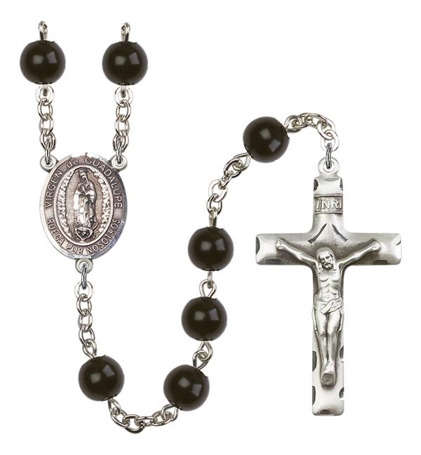 Virgen de Guadalupe Spanish Rosary, 7mm Black Onyx Beads, Silver Plate, # 14100