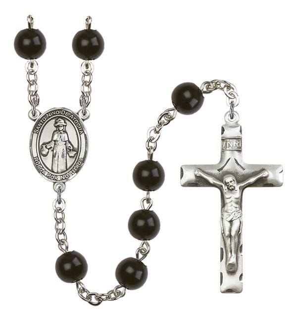 St. Nino de Atocha Spanish Rosary, 7mm Black Onyx Beads, Silver Plate, # 14109