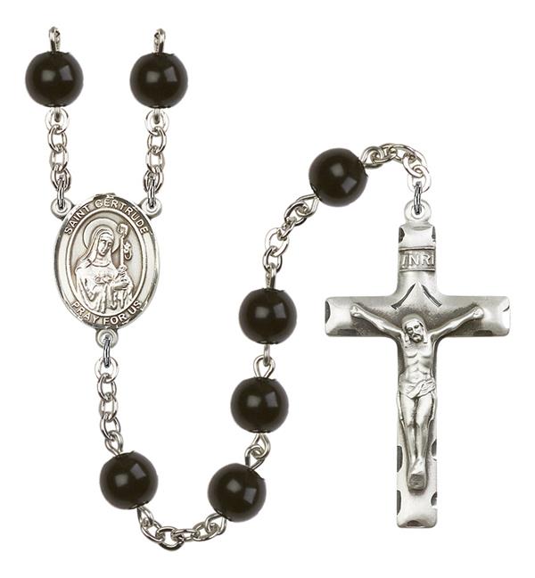 St. Gertrude of Nivelles Rosary, 7mm Black Onyx Beads, Silver Plate, # 14114