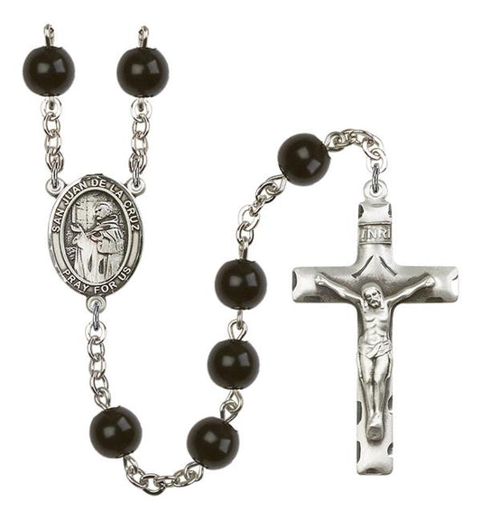 San Juan de la Cruz Rosary, 7mm Black Onyx Beads, Silver Plate, # 14127