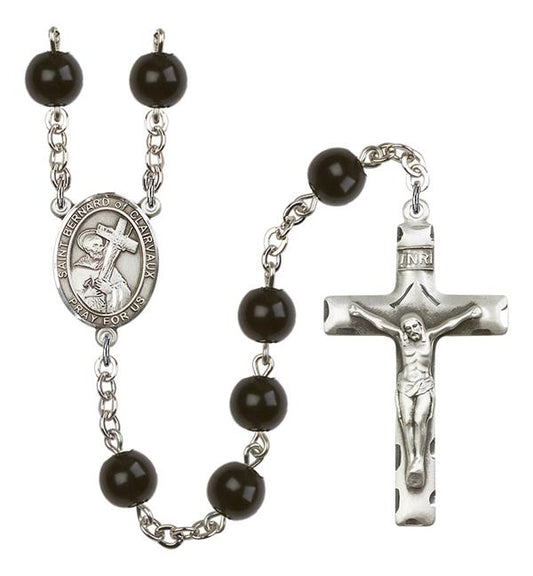 St. Bernard of Clairvaux Rosary, 7mm Black Onyx Beads, Silver Plate, # 14128