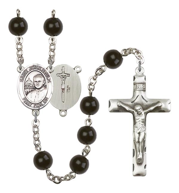 St. John Paul II Rosary, 7mm Black Onyx Beads, Silver Plate, # 14129