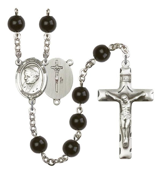 Pope Emeritace Benedict XVI Rosary, 7mm Black Onyx Beads, Silver Plate, # 14130