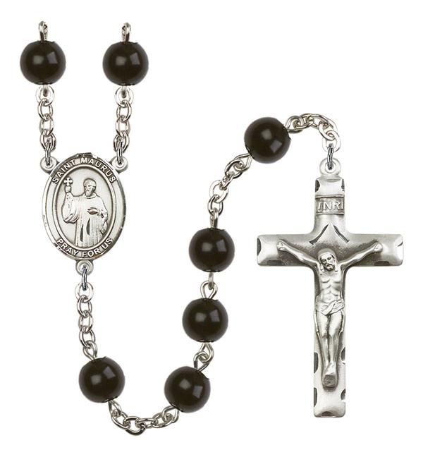 St. Maurus Rosary, 7mm Black Onyx Beads, Silver Plate, # 14136