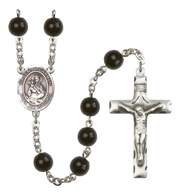 Virgen del Carmen Spanish Rosary, 7mm Black Onyx Beads, Silver Plate, # 14140