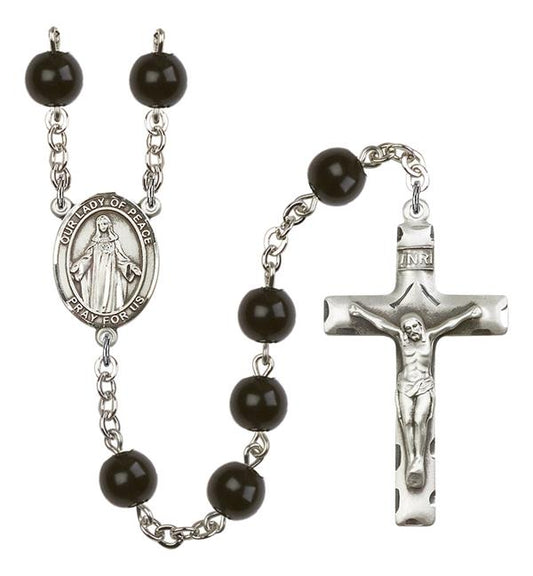 Our Lady of Peace Rosary, 7mm Black Onyx Beads, Silver Plate, # 14142