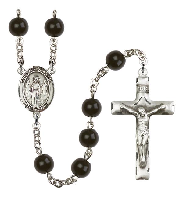 Our Lady of Knock Rosary, 7mm Black Onyx Beads, Silver Plate, # 14143