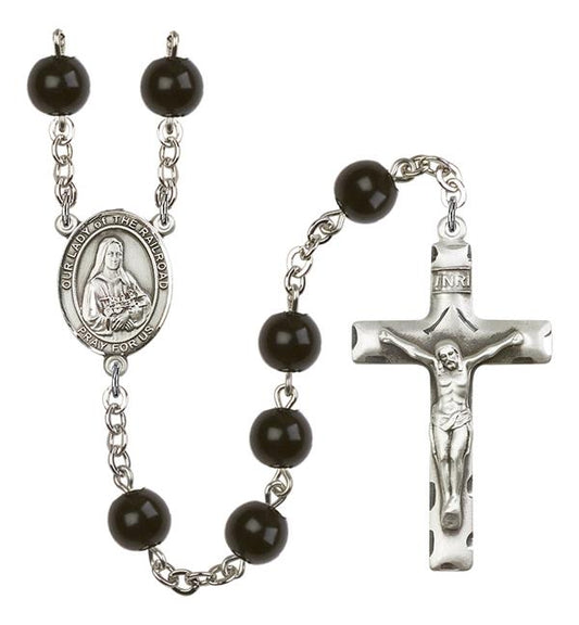 Our Lady of the Railroad Rosary, 7mm Black Onyx Beads, Silver Plate, # 14144