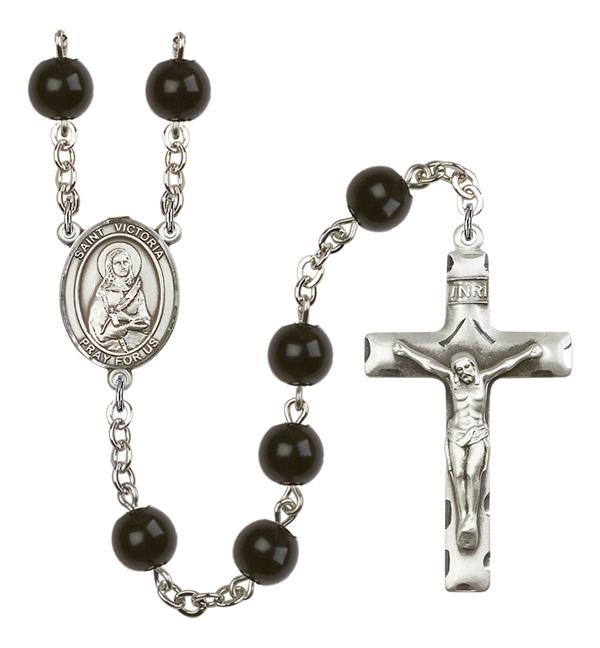 St. Victoria Rosary, 7mm Black Onyx Beads, Silver Plate, # 14150