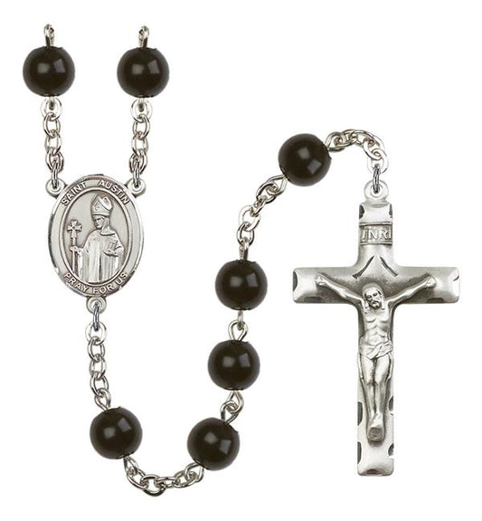 St. Austin Rosary, 7mm Black Onyx Beads, Silver Plate, # 14153