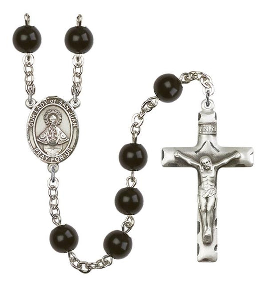Our Lady of San Juan Rosary, 7mm Black Onyx Beads, Silver Plate, # 14160