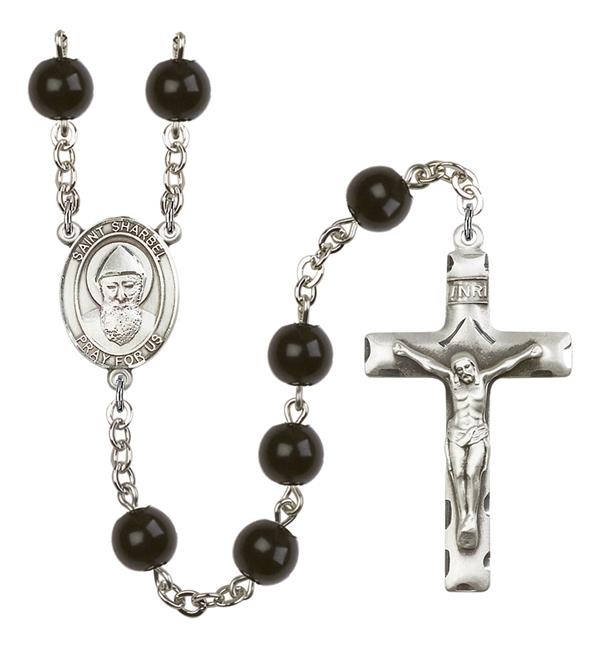 St. Sharbel Rosary, 7mm Black Onyx Beads, Silver Plate, # 14167