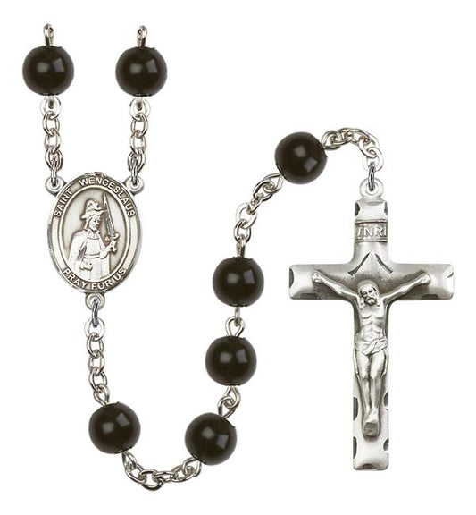 St. Wenceslaus Rosary, 7mm Black Onyx Beads, Silver Plate, # 14169
