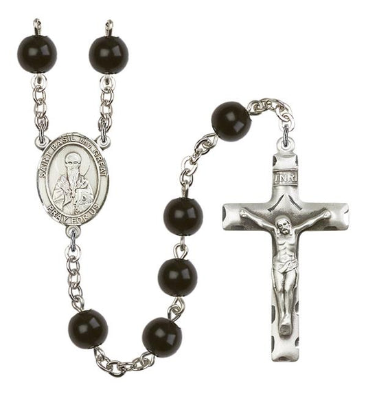 St. Basil the Great Rosary, 7mm Black Onyx Beads, Silver Plate, # 14171