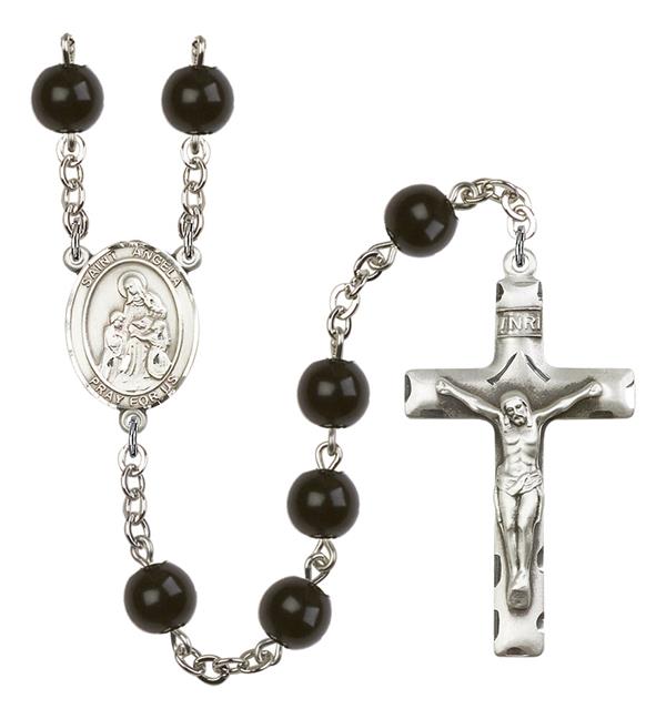St. Angela Merici Rosary, 7mm Black Onyx Beads, Silver Plate, # 14191