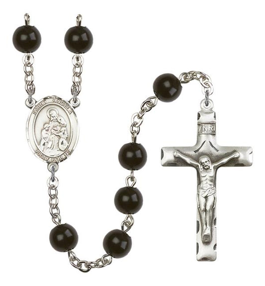 St. Angela Merici Rosary, 7mm Black Onyx Beads, Silver Plate, # 14191