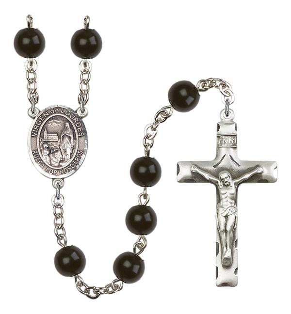 Virgen del Lourdes Spanish Rosary, 7mm Black Onyx Beads, Silver Plate, # 14197