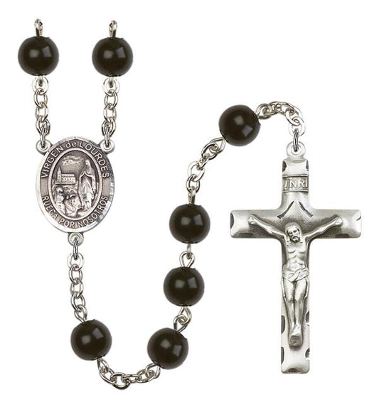 Virgen del Lourdes Spanish Rosary, 7mm Black Onyx Beads, Silver Plate, # 14197