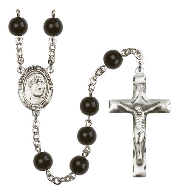 St. Teresa of Calcutta Rosary, 7mm Black Onyx Beads, Silver Plate, # 14205