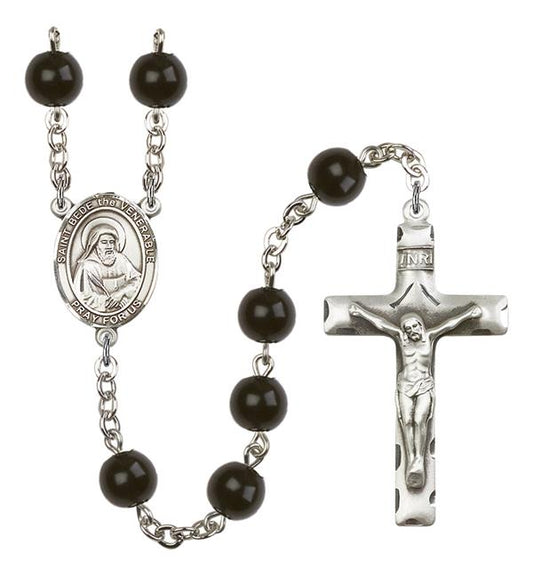 St. Bede the Venerable Rosary, 7mm Black Onyx Beads, Silver Plate, # 14212