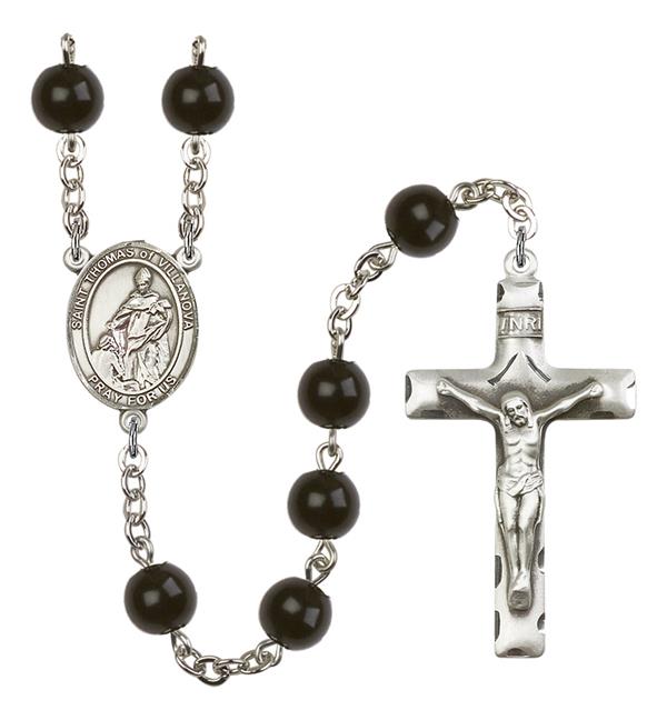 St. Thomas of Villanova Rosary, 7mm Black Onyx Beads, Silver Plate, # 14214